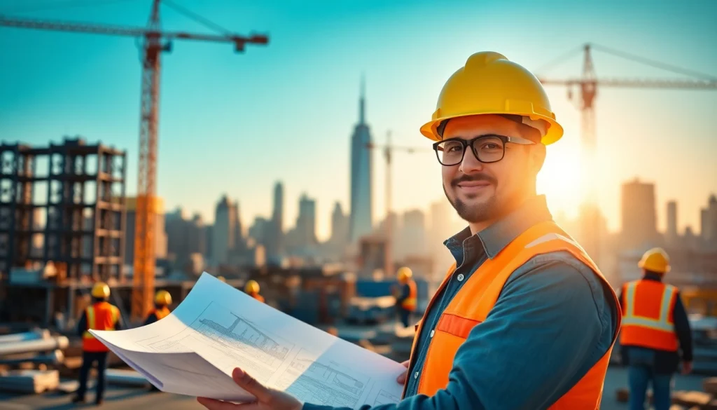 New York City General Contractor overseeing a construction site with city skyline in background.