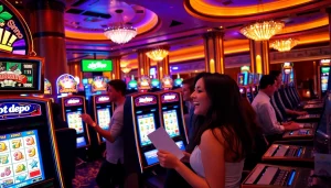 Menang di Slot Depo 1000 dalam kasino yang penuh warna, dipenuhi kegembiraan dan kemewahan.