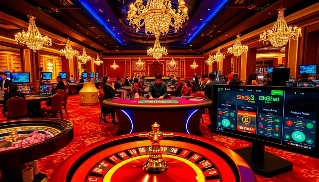 Exciting players engaging with bk8thai at a luxurious casino table featuring blackjack and roulette.