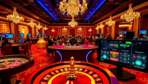 Exciting players engaging with bk8thai at a luxurious casino table featuring blackjack and roulette.