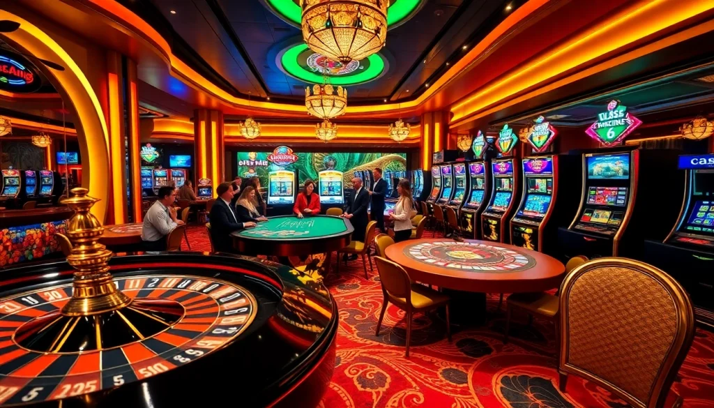 Players enjoying games at onicplay with vibrant roulette wheel and poker table.