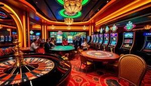 Players enjoying games at onicplay with vibrant roulette wheel and poker table.