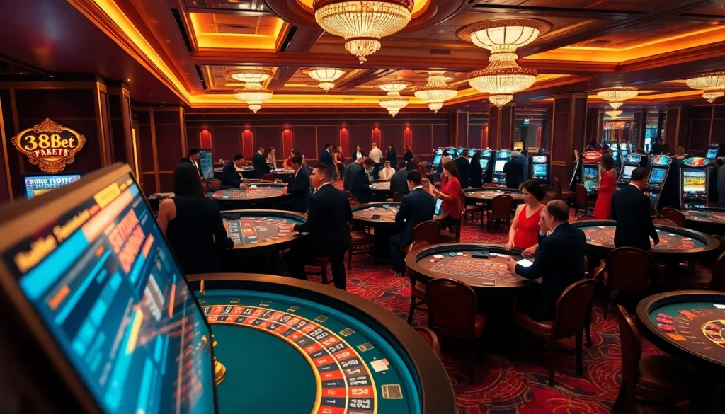 Exciting gaming atmosphere at 388bet casino, featuring poker tables and roulette wheels.