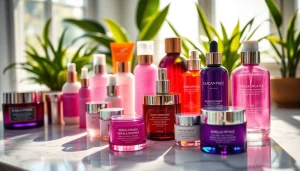 Kosmetika odos priežiūros produktai, išdėstyti ant marmuro stalo.