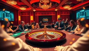 Players engaging at CM88 casino tables, showcasing excitement and vibrant betting activity.