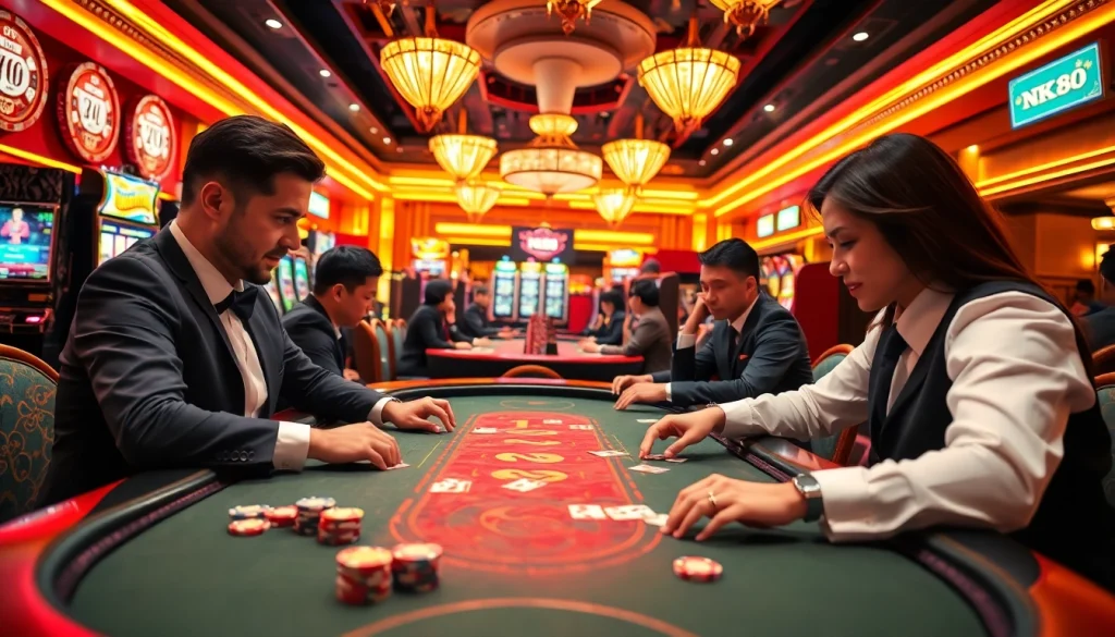 Players engage in an NK88-themed poker game amidst vibrant casino elements and chips.