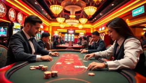 Players engage in an NK88-themed poker game amidst vibrant casino elements and chips.
