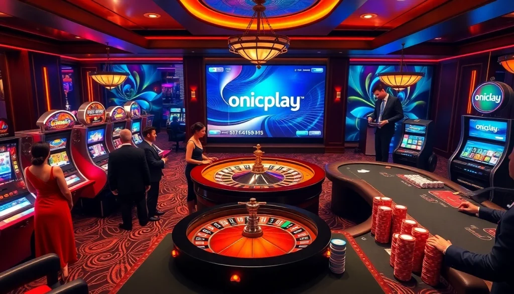 Engaging players enjoying casino games at onicplay, surrounded by roulette wheels and vibrant slot machines.