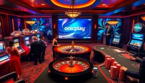 Engaging players enjoying casino games at onicplay, surrounded by roulette wheels and vibrant slot machines.
