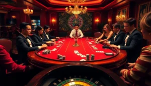 Players engaged in a high-stakes poker game at a top club casino table, showcasing colorful chips and cards.