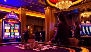 Players enjoying the thrilling slot depo 5rb experience at a lavish casino.