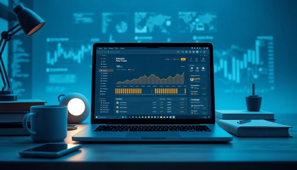 Infosec-themed tech workspace showcasing a dynamic Amazon price tracker on a laptop.