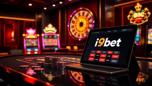 Experience the excitement of i9bet with vibrant casino visuals featuring tables, chips, and digital gaming interfaces.