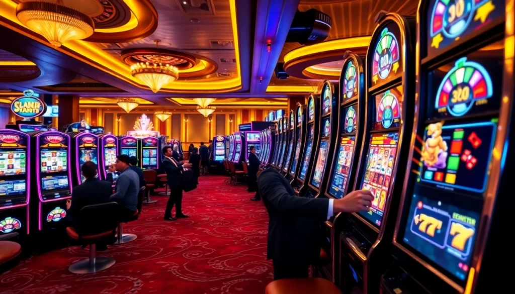 Adegan menarik para pemain yang berinteraksi dengan mesin slot Depo 5rb, menangkap sensasi permainan kasino.