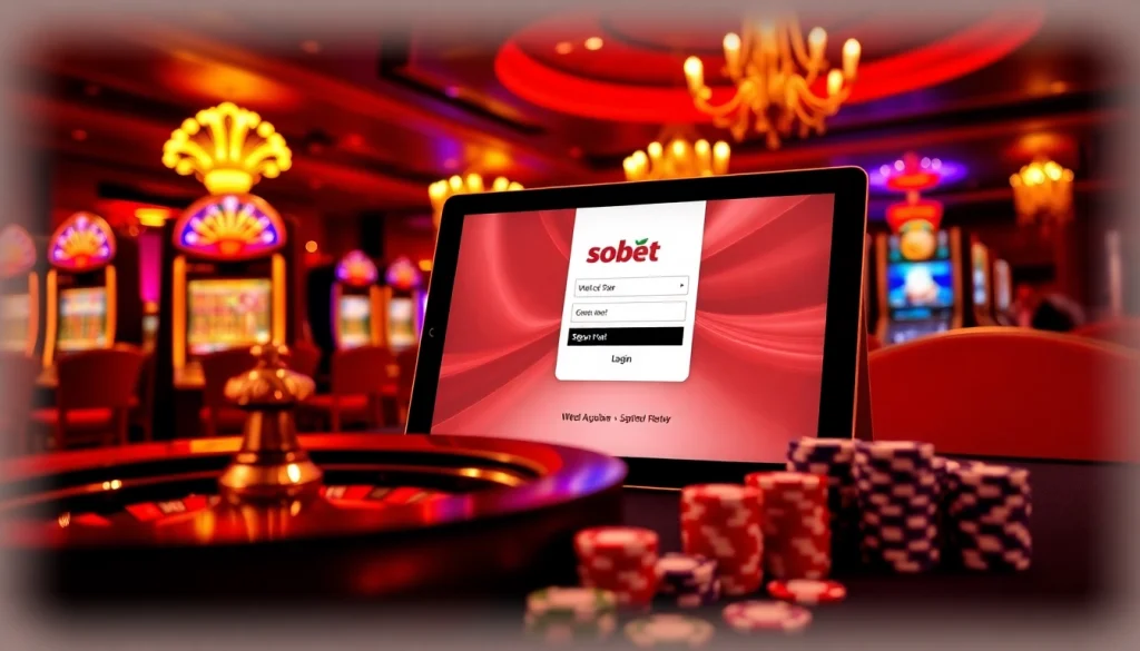 SBOBET login interface displayed on a sleek tablet amid a vibrant casino scenery featuring roulette and slot machines.