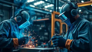 Welders engaged in structural steel welding process amidst sparks and equipment.