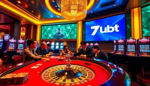 Players enjoy high-stakes gambling at a vibrant casino with 7upbet branding.