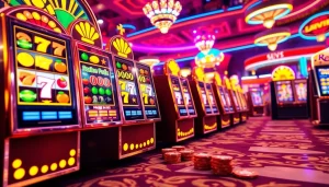 Menangi permainan slot dengan slot depo 1k, simbol slot penuh warna dan suasana kasino yang hidup.