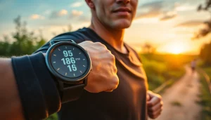 Engaging with health stats on a Pulse Smart Watch during an outdoor run.