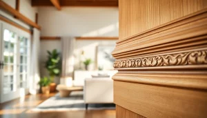 Elevated view of expert trim work, focusing on detailed craftsmanship in wooden moldings.