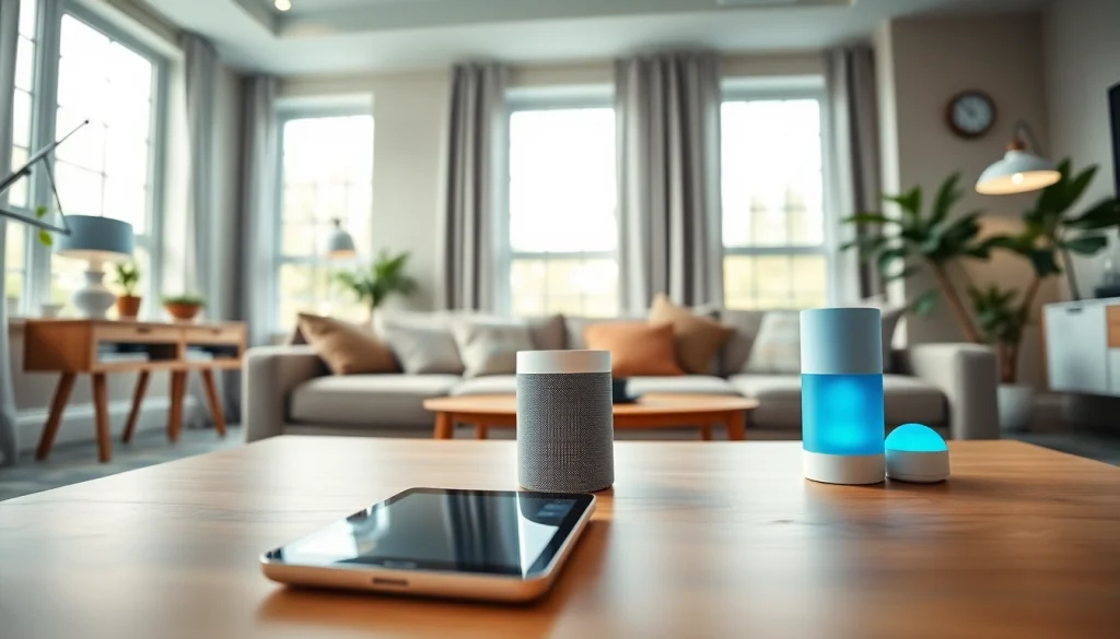 Rozwiązania smart home w nowoczesnym salonie z inteligentnymi głośnikami i oświetleniem.