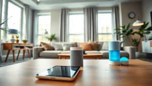 Rozwiązania smart home w nowoczesnym salonie z inteligentnymi głośnikami i oświetleniem.