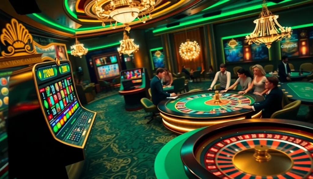 Jeu passionnant dans un casino en ligne avec des machines à sous vibrantes et des tables de roulette.