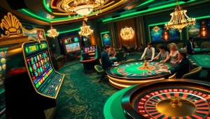 Jeu passionnant dans un casino en ligne avec des machines à sous vibrantes et des tables de roulette.
