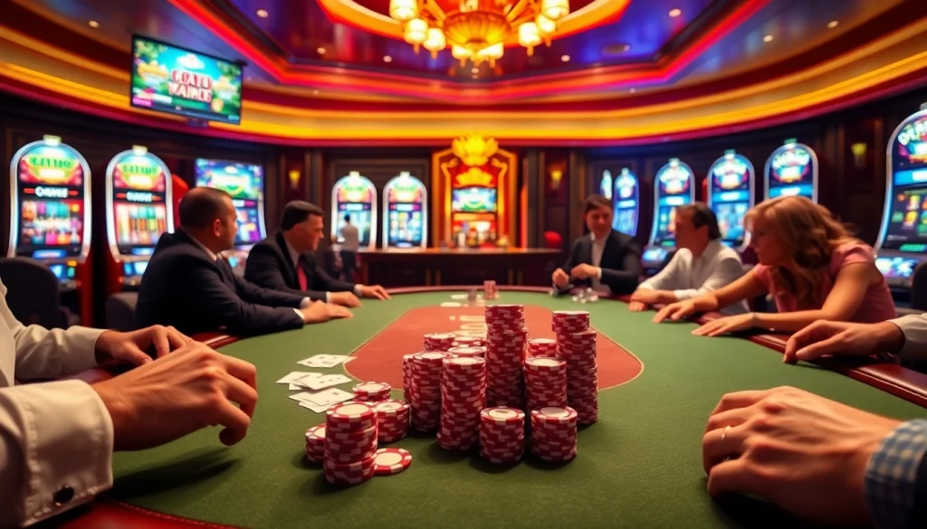 Découvrez l'excitation du casino en ligne France avec des joueurs à une table de poker luxueuse.