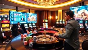 Joueurs engagés vivant l'expérience du casino en ligne avec des machines à sous vibrantes et une table de roulette.