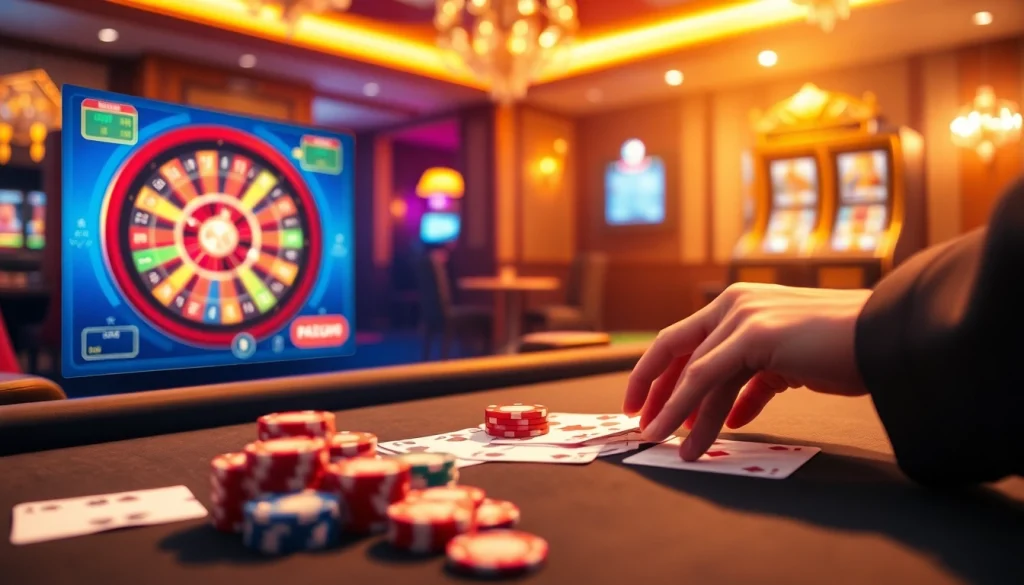 Scène de poker engageante illustrant l'interface du casino en ligne avec des couleurs vives et des éléments de luxe.