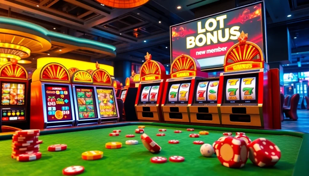 Adegan permainan slot online yang menarik menampilkan promosi bonus slot untuk anggota baru dengan simbol berwarna-warni dan properti kasino.