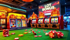 Adegan permainan slot online yang menarik menampilkan promosi bonus slot untuk anggota baru dengan simbol berwarna-warni dan properti kasino.