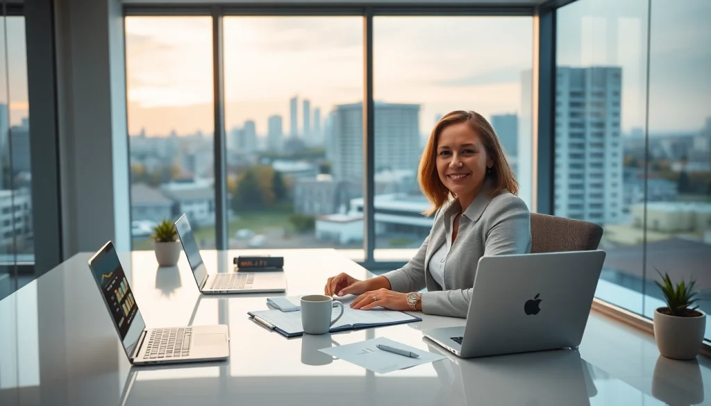 Profesjonalny księgowy w nowoczesnym biurze w Mieście Poznań, prezentujący dokumenty finansowe i przyjazną atmosferę.