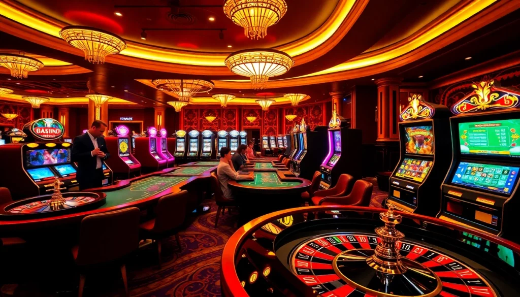 Excitation du jeu en ligne dans un casino en ligne France, avec des tables vibrantes, des jetons et des lumières au néon.