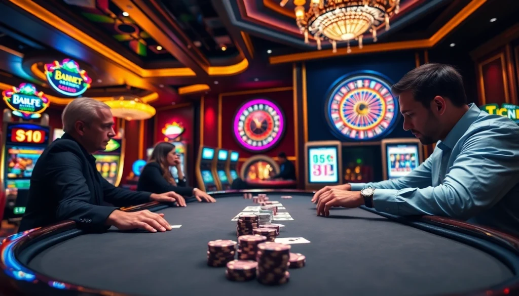 Joueurs en train de se stratéger à une table à enjeux élevés dans le meilleur casino en ligne, montrant un gameplay intense.