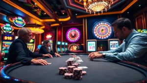 Joueurs en train de se stratéger à une table à enjeux élevés dans le meilleur casino en ligne, montrant un gameplay intense.