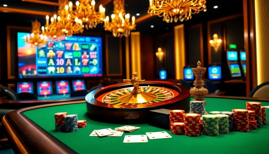 Vivez une expérience de jeu palpitante dans un élégant casino en ligne avec une roulette et une table de poker.