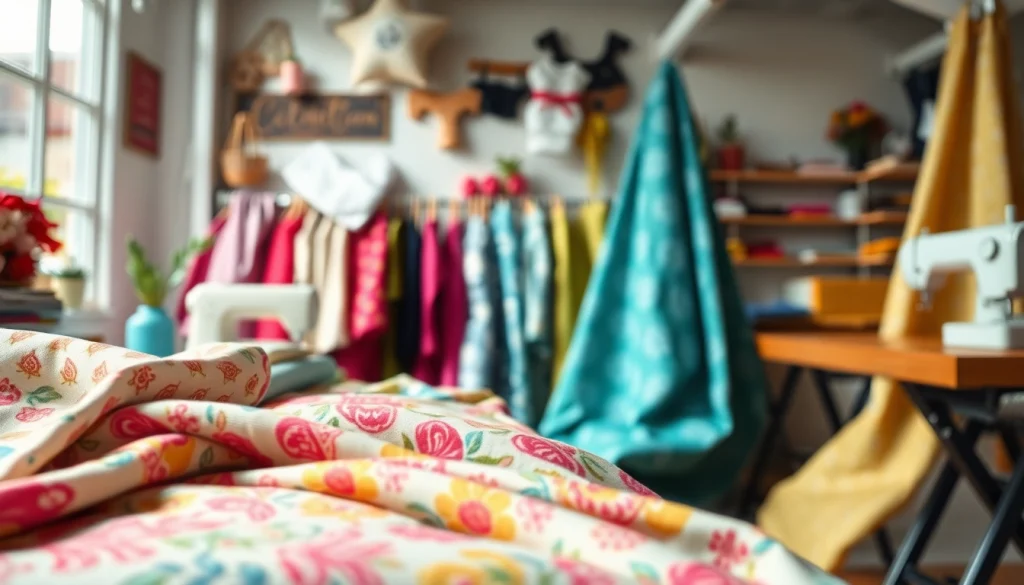 Koop dames stoffen online, onder een zonovergoten studio met kleurrijke stoffen en naaigerei.