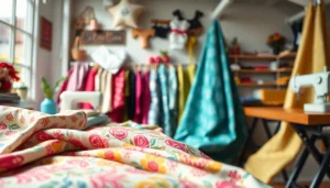 Koop dames stoffen online, onder een zonovergoten studio met kleurrijke stoffen en naaigerei.