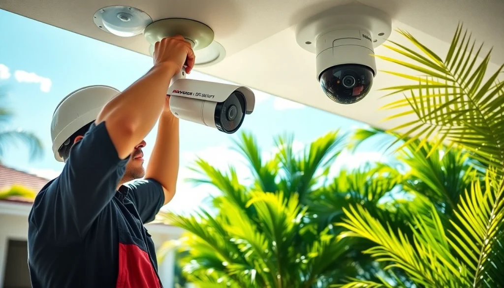 Instalación de cámaras de seguridad en Guanacaste, mostrando a un técnico profesional en un entorno tropical.