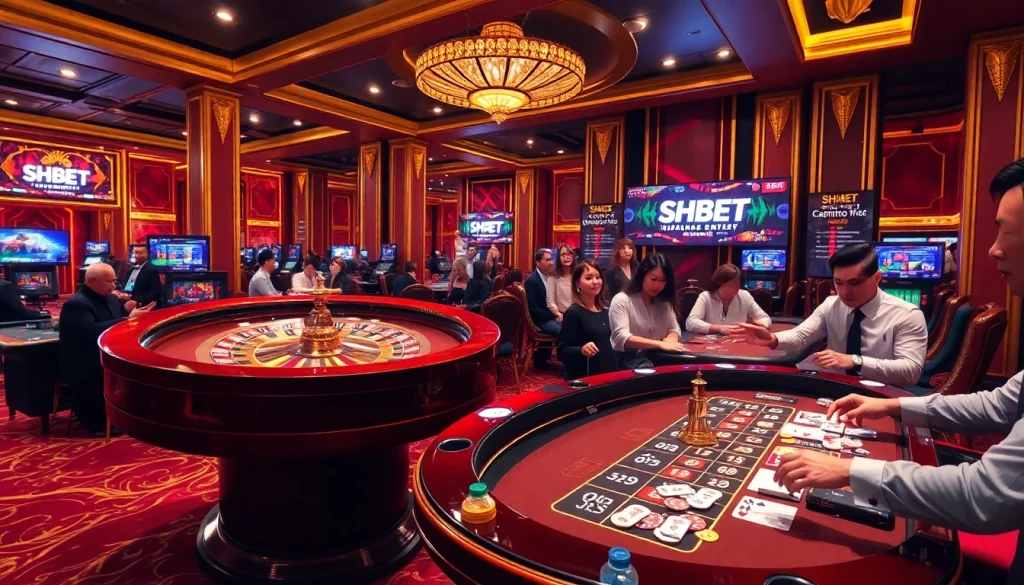 Experience thrilling games at Shbet's luxurious casino, featuring roulette and vibrant betting tables.
