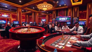 Experience thrilling games at Shbet's luxurious casino, featuring roulette and vibrant betting tables.