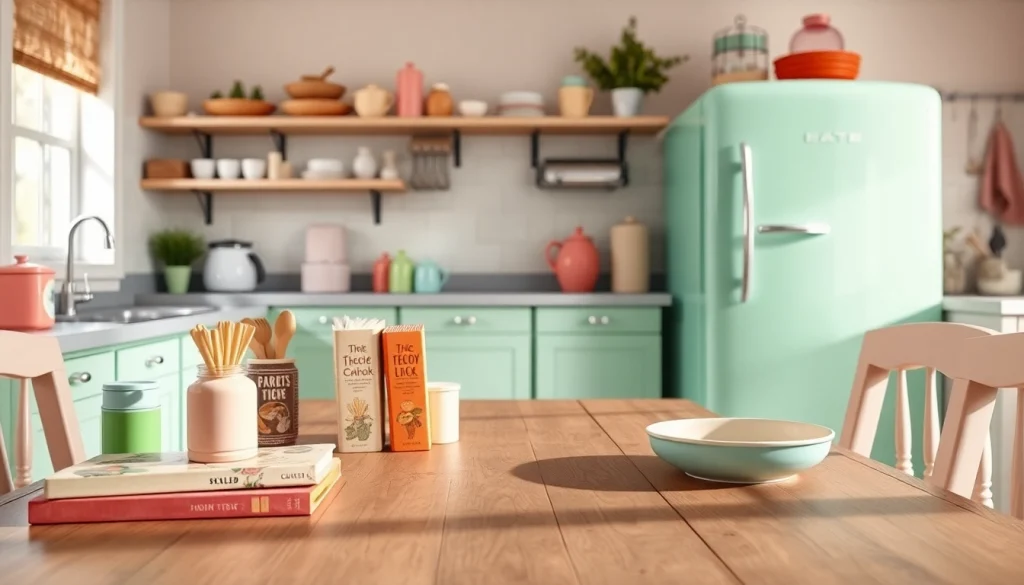 Showcasing a mint green retro appliance in a cozy kitchen, illustrating vintage charm.