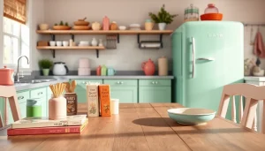 Showcasing a mint green retro appliance in a cozy kitchen, illustrating vintage charm.