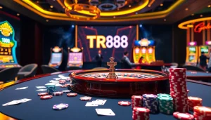 Engaging casino scene showcasing TR88 logo amidst roulette table, poker chips, and slot machines.