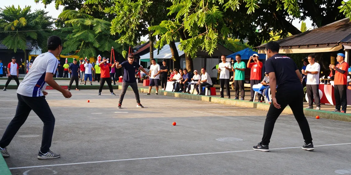 Lapangan petanque di fopikotabanjarba.org dengan atlet berlatih dan penonton bersorak.