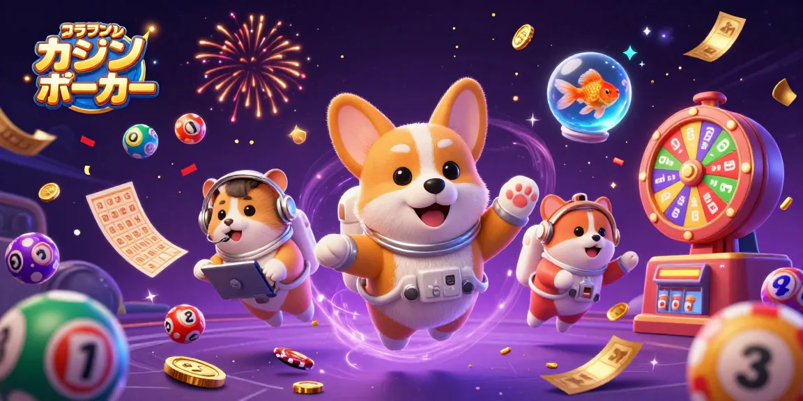 オンライン カジノ ポーカーをテーマにした宇宙空間のカジノで浮かぶコーギーと仲間たちの魅力的なシーン